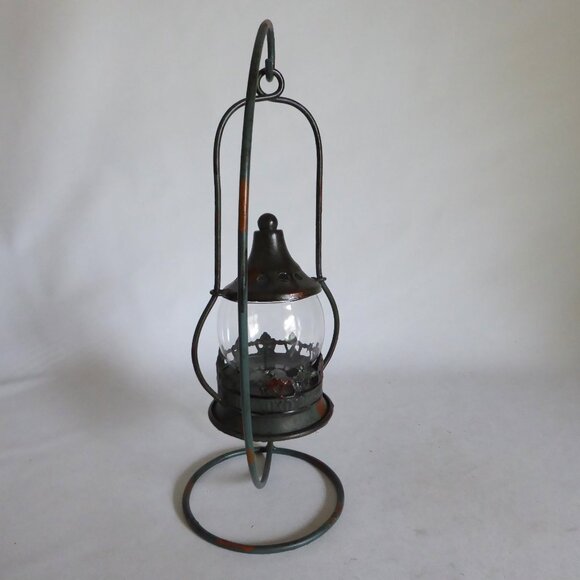 NEW 13.75” HANGING METAL & GLASS LANTERN TEA LIGHT CANDLE HOLDER STAND ODDITY - Picture 6 of 13